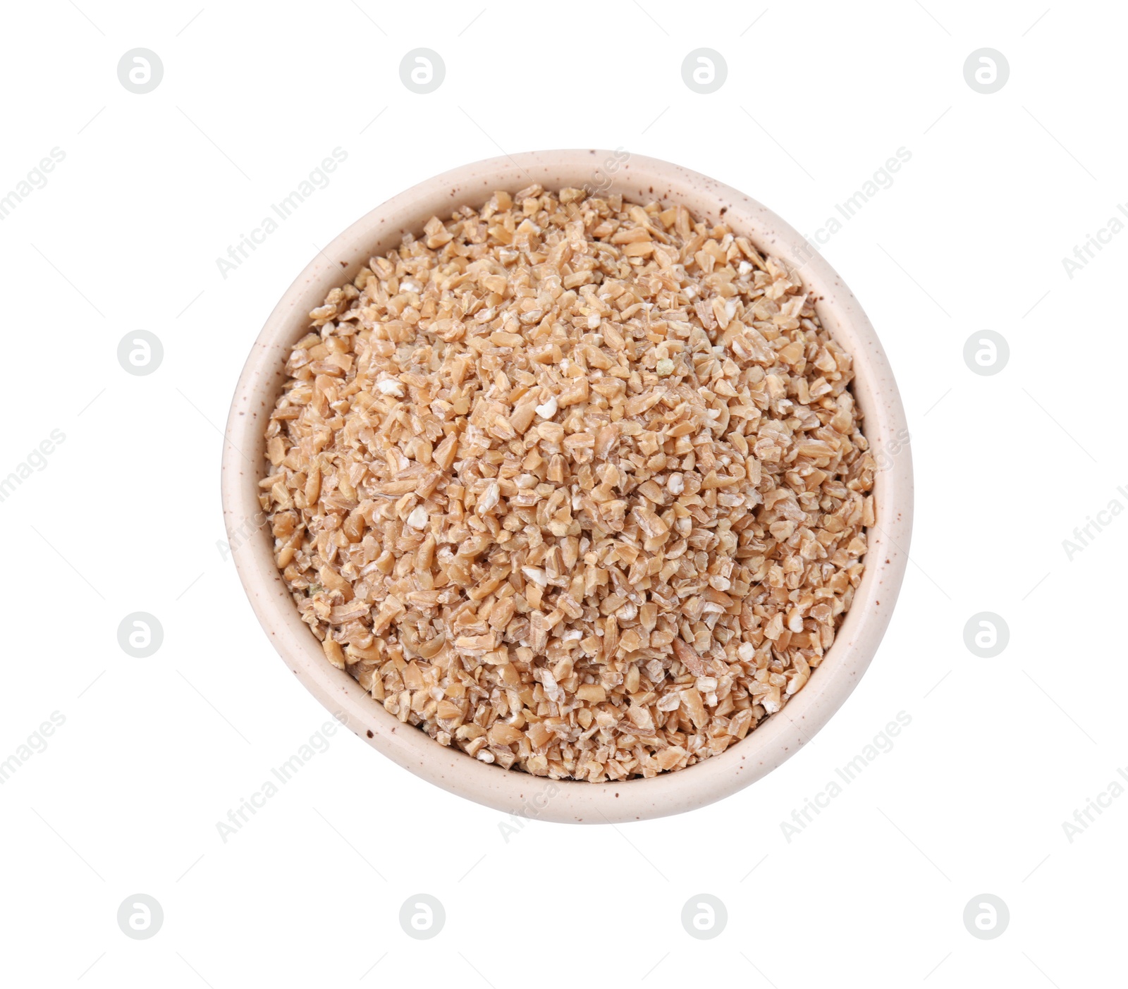 Photo of Dry wheat groats in bowl isolated on white, top view