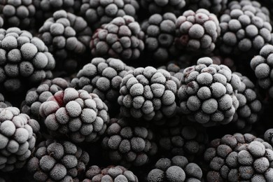 Photo of Tasty frozen blackberries as background, closeup view