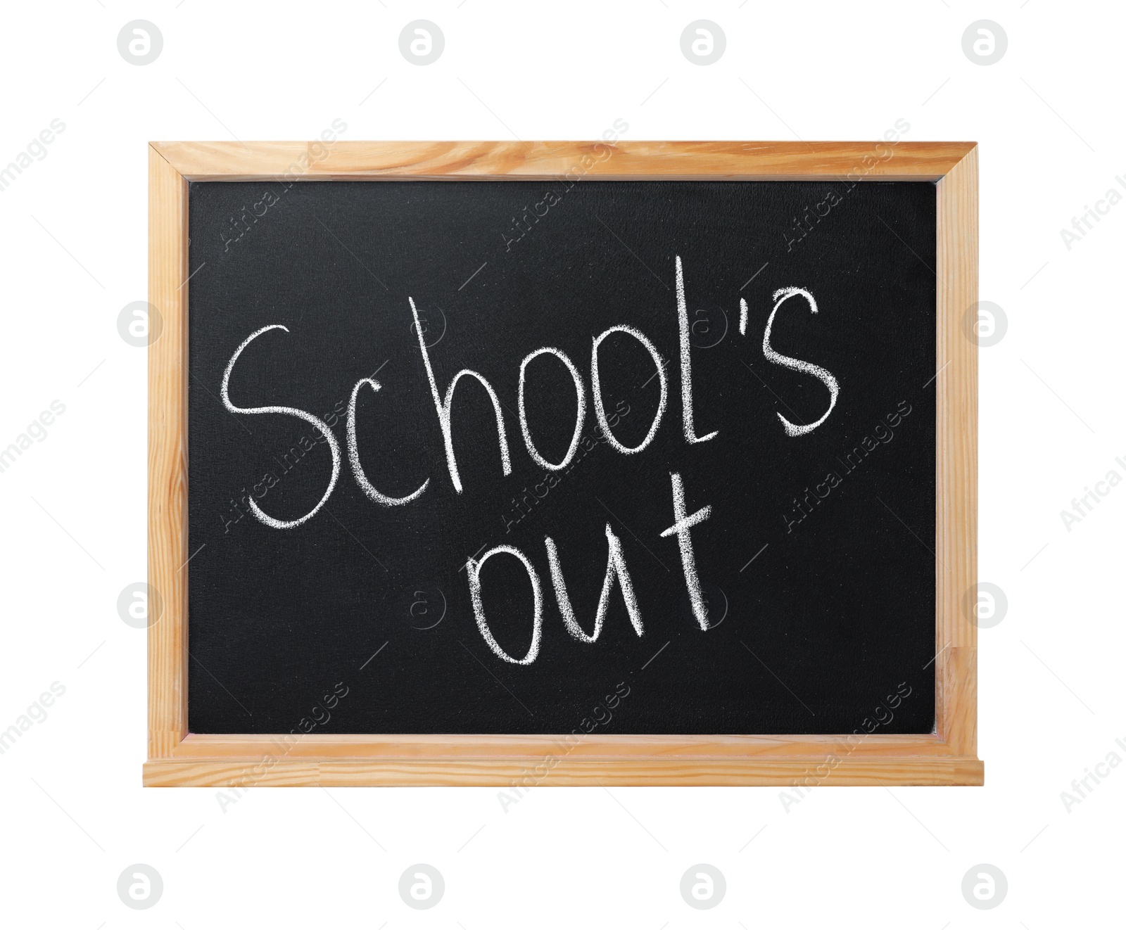 Photo of Blackboard with words School's Out and pictures isolated on white. Summer holidays