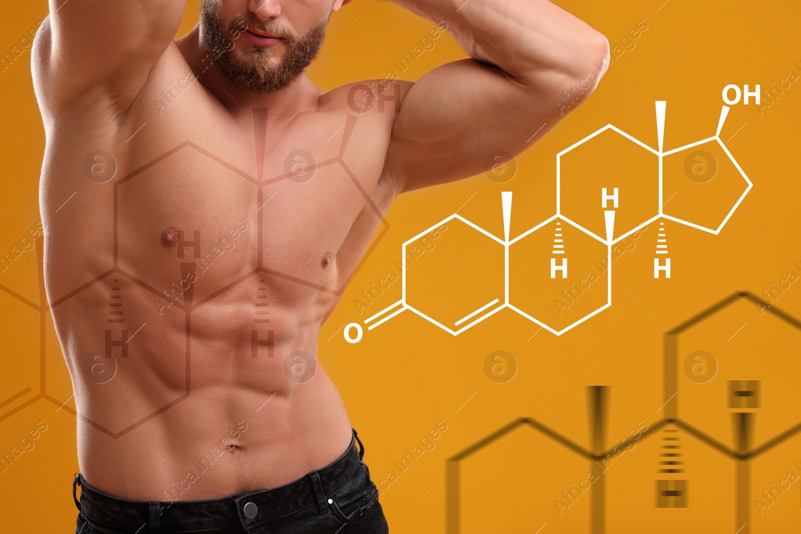 Image of Muscular man and structural formula of testosterone on orange background, closeup