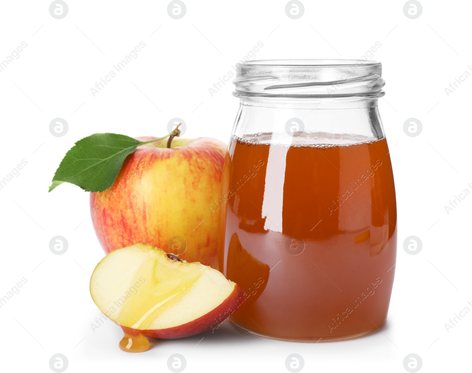 Photo of Apples and jar of honey on white background