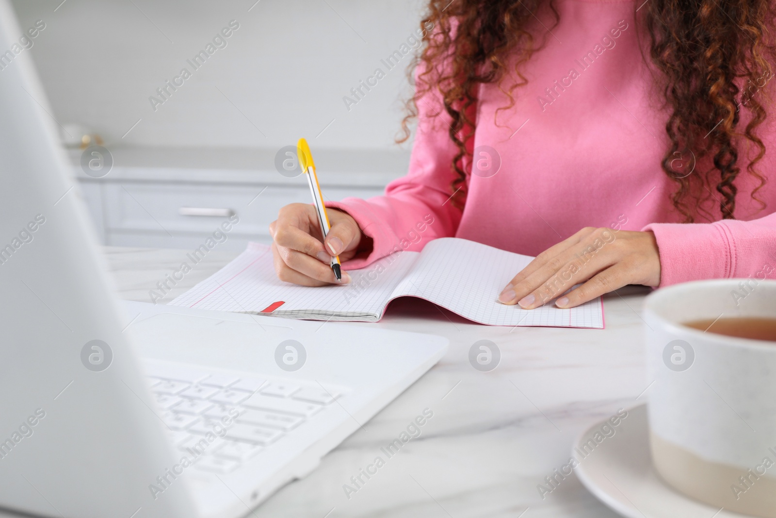 Photo of African American woman with modern laptop studying in kitchen, closeup. Distance learning