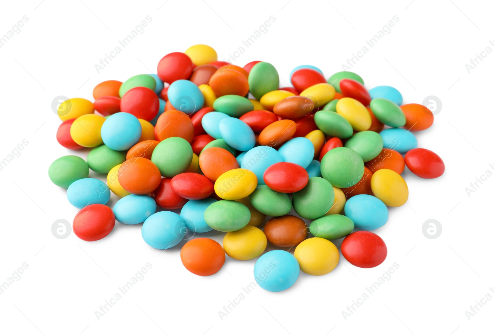 Photo of Many small colorful candies on white background