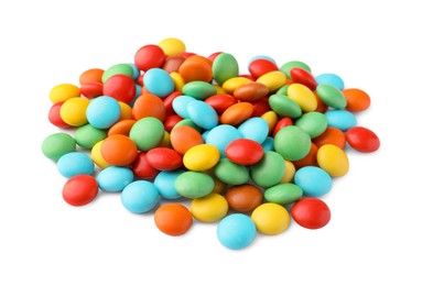 Photo of Many small colorful candies on white background