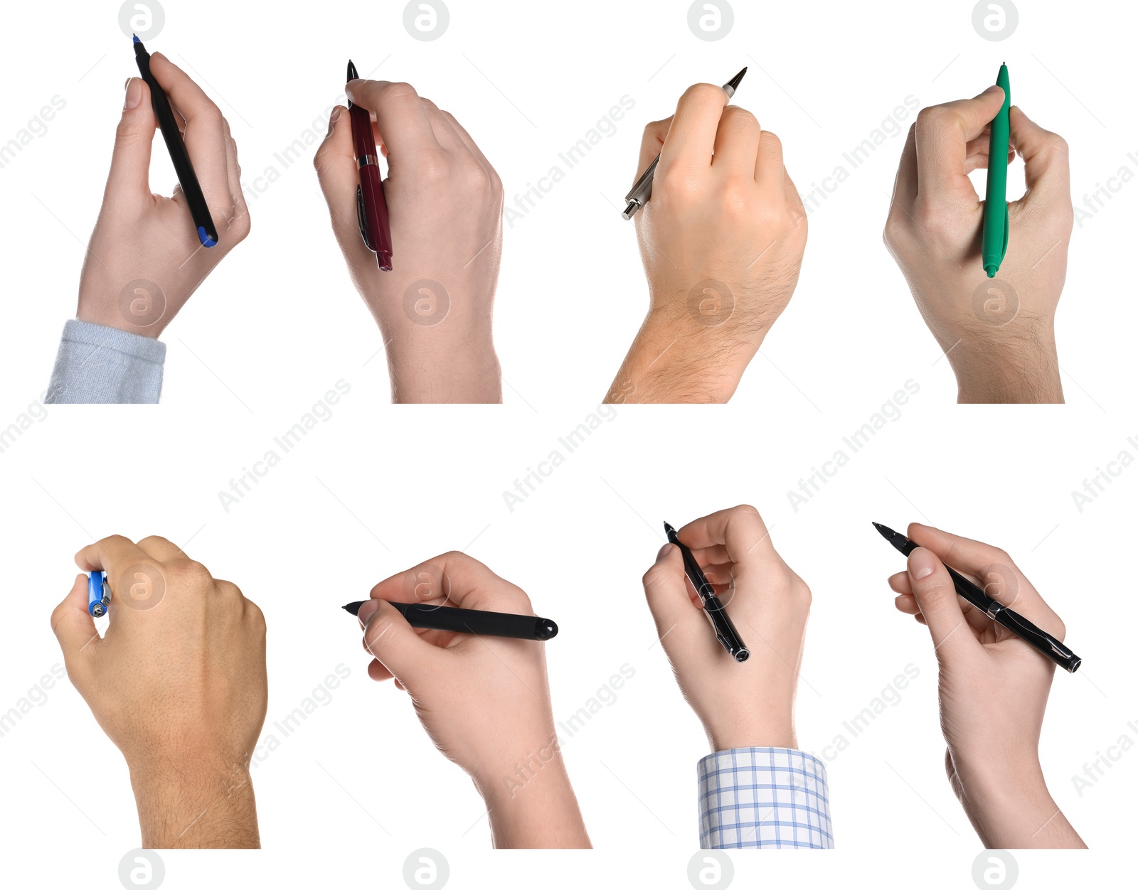 Image of Men and women holding pens on white background, closeup. Collage design