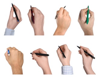 Image of Men and women holding pens on white background, closeup. Collage design