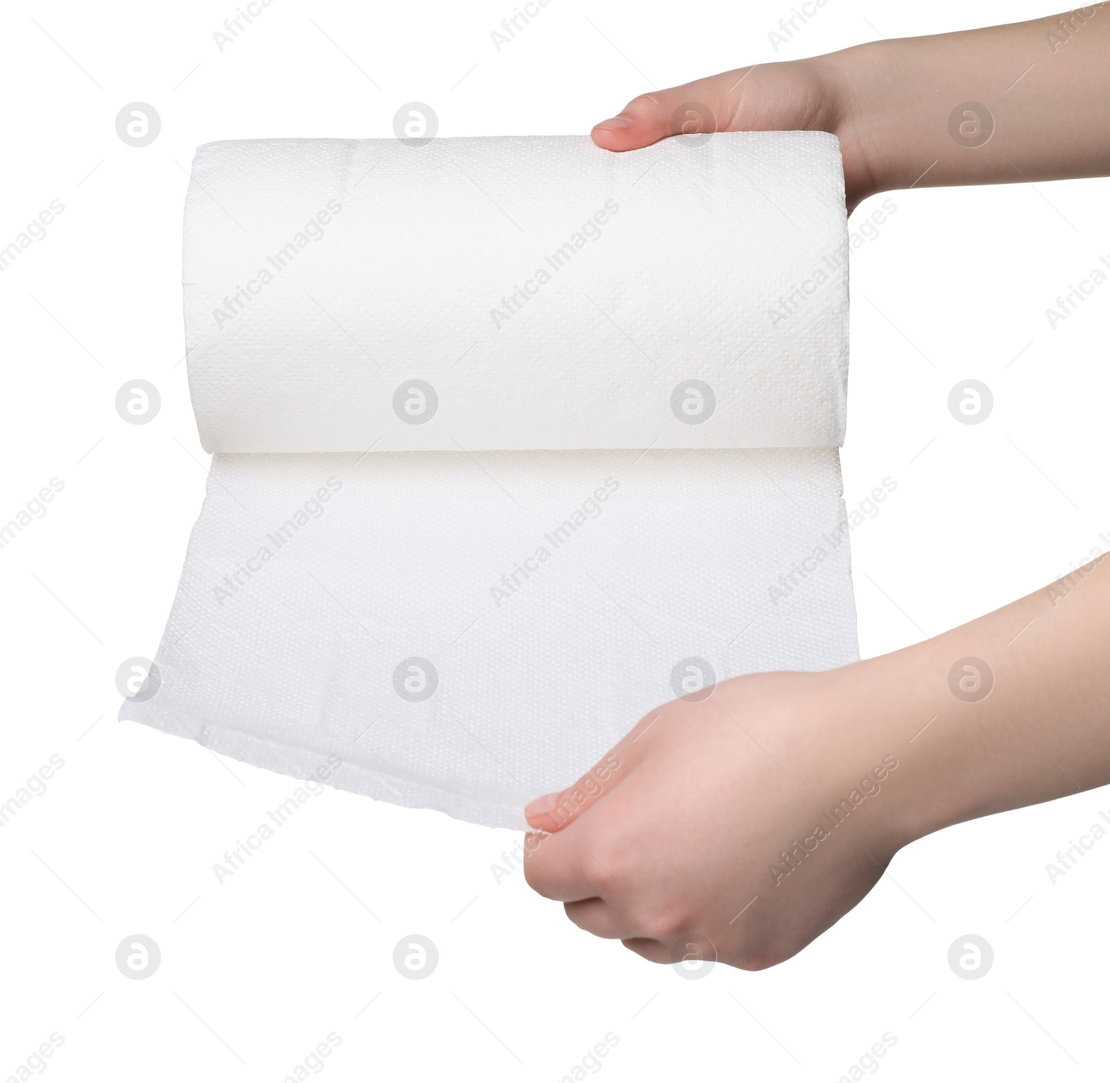 Photo of Woman tearing paper towels on white background, closeup