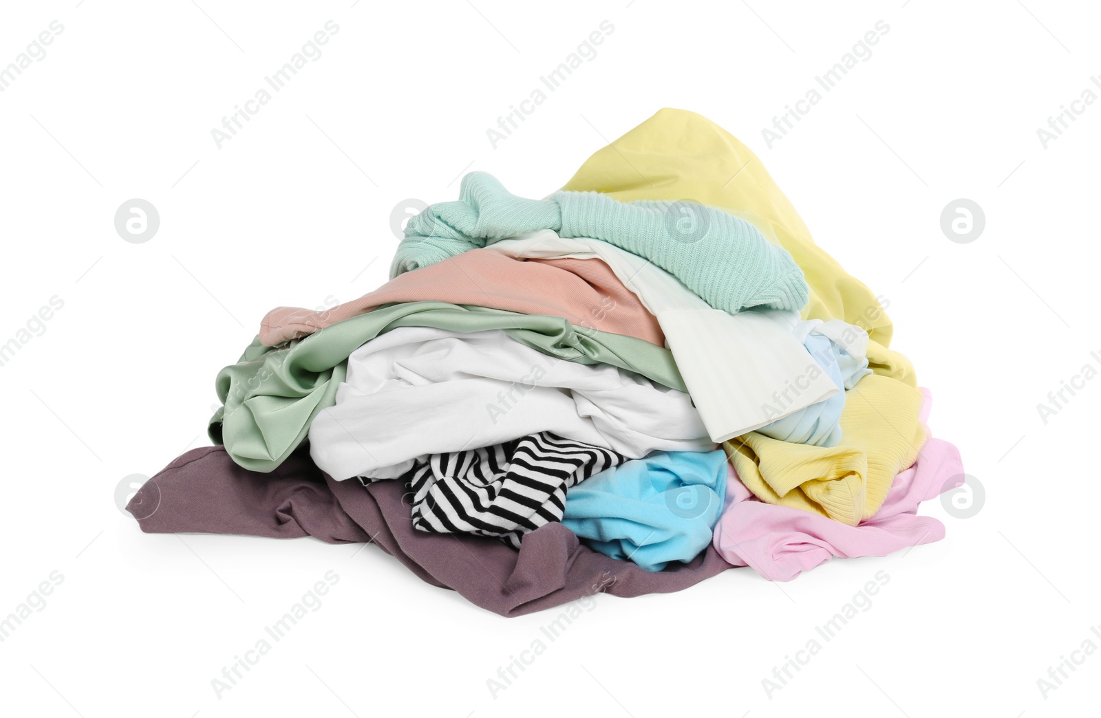 Photo of Pile of colorful clothes isolated on white