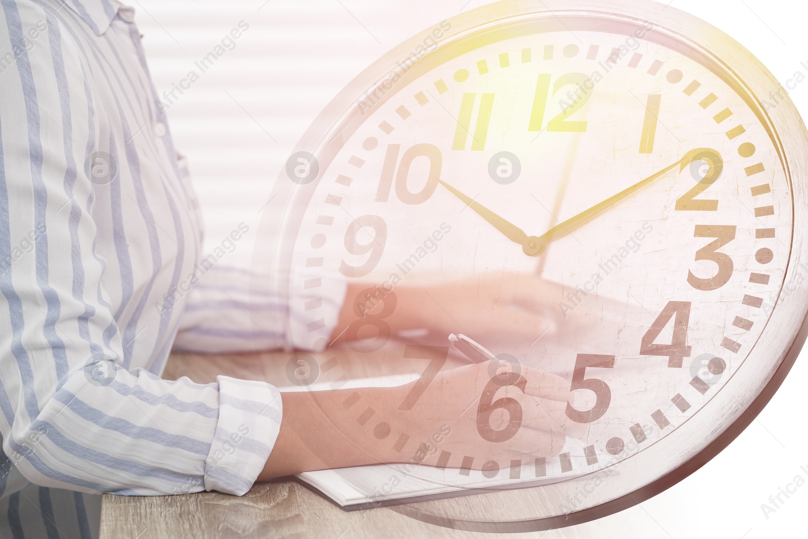 Image of Woman and clock, double exposure. Time concept