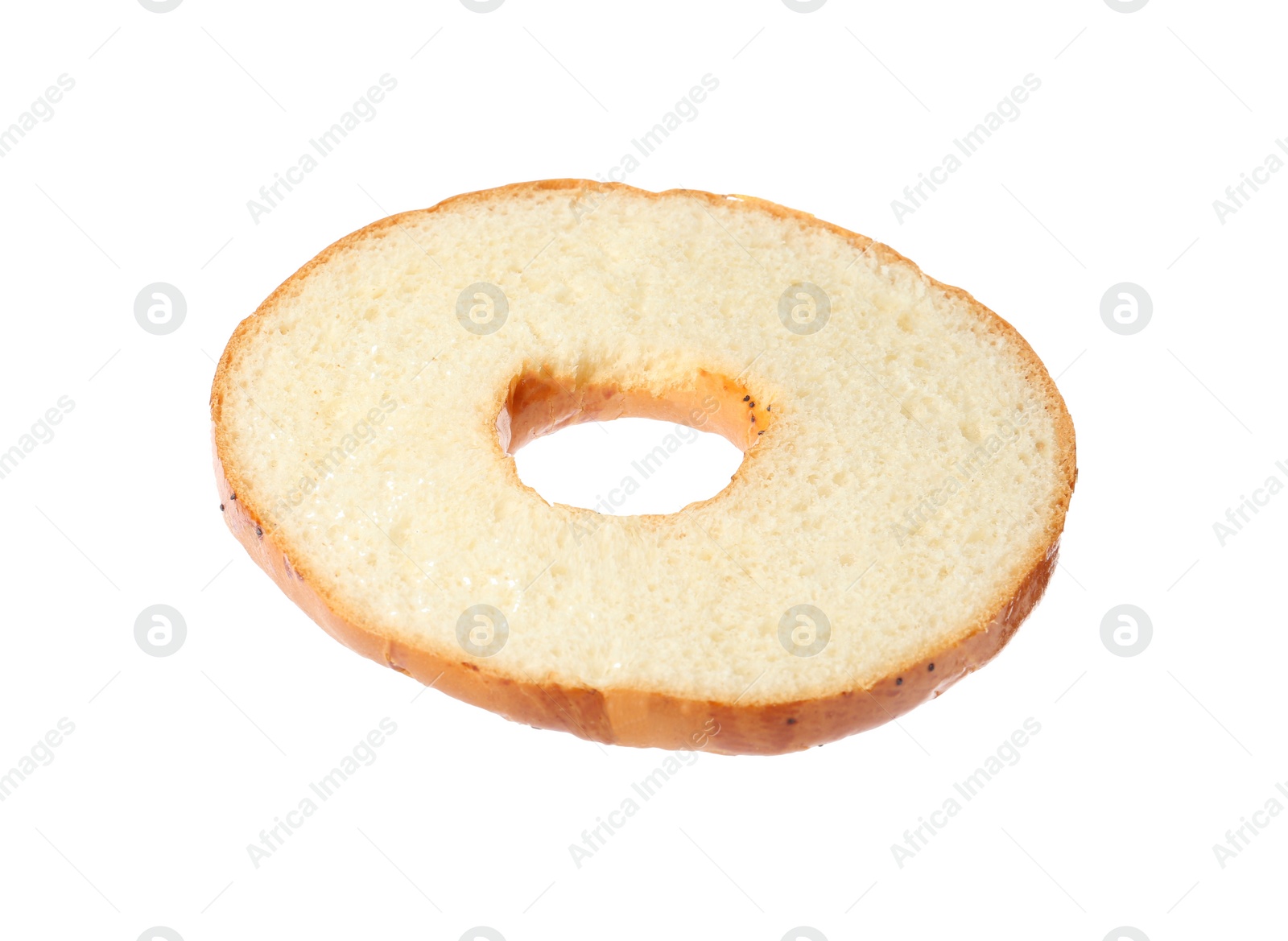 Photo of Half of delicious fresh bagel isolated on white