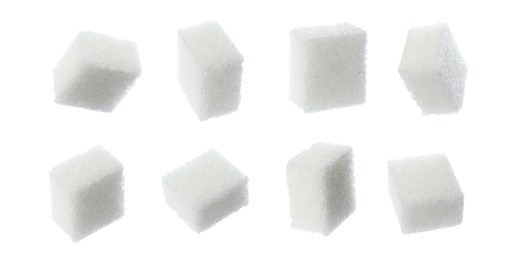 Image of Set with cubes of sugar on white background. Banner design