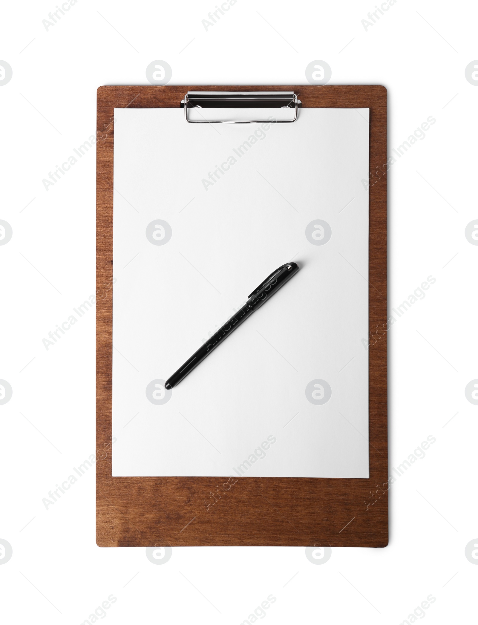 Photo of Wooden clipboard with sheet of paper and pen isolated on white, top view