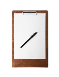 Wooden clipboard with sheet of paper and pen isolated on white, top view