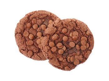 Photo of Delicious chocolate chip cookies on white background, top view