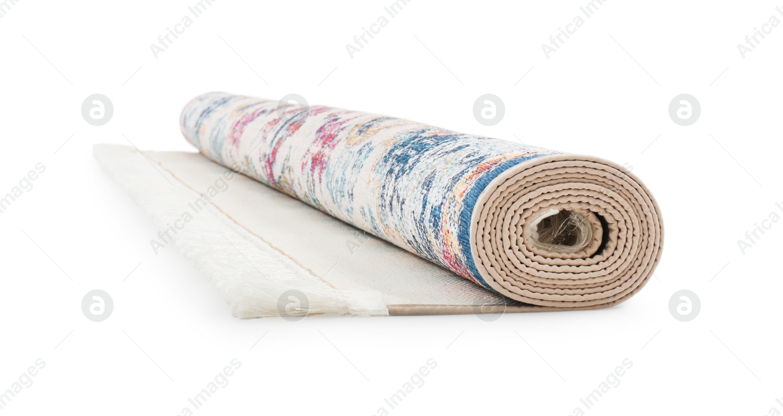 Photo of Rolled carpet on white background. Interior element