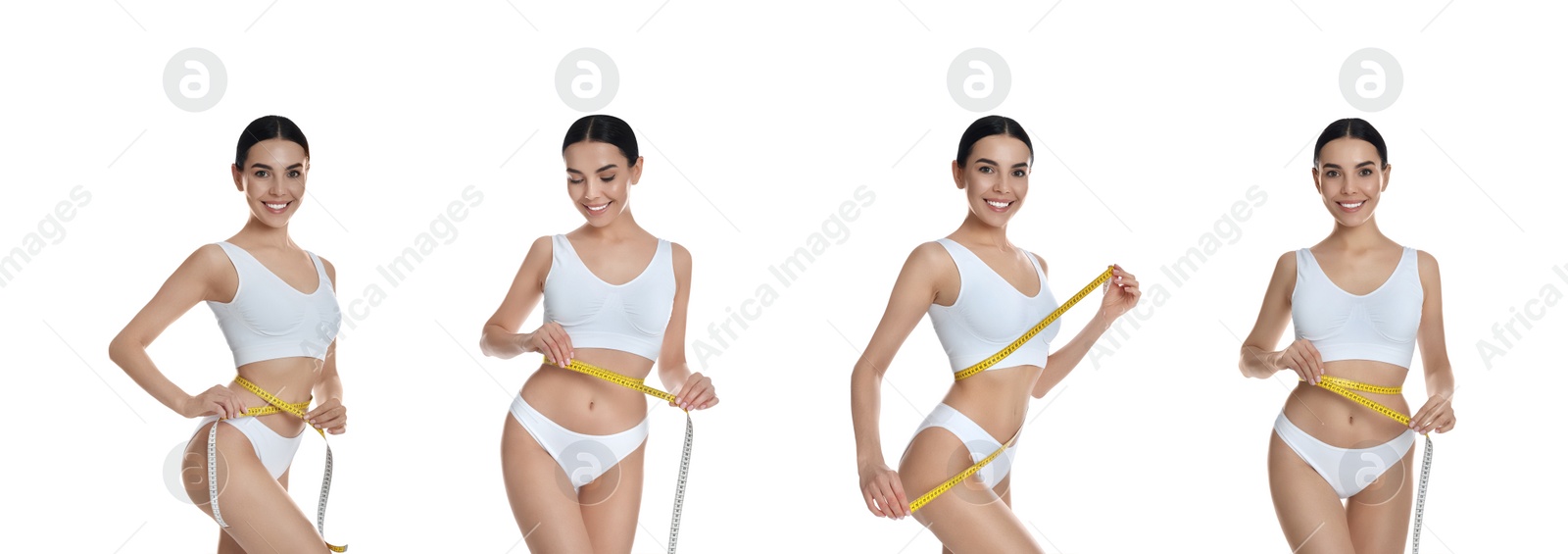 Image of Collage with photos of young woman with measuring tape on white background. Banner design 