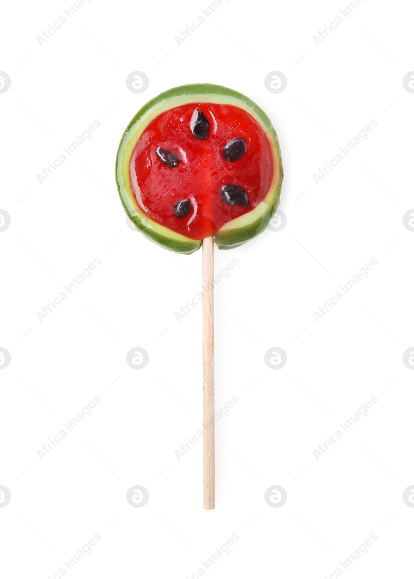 Photo of Watermelon shaped lollipop isolated on white, top view