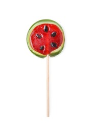 Watermelon shaped lollipop isolated on white, top view