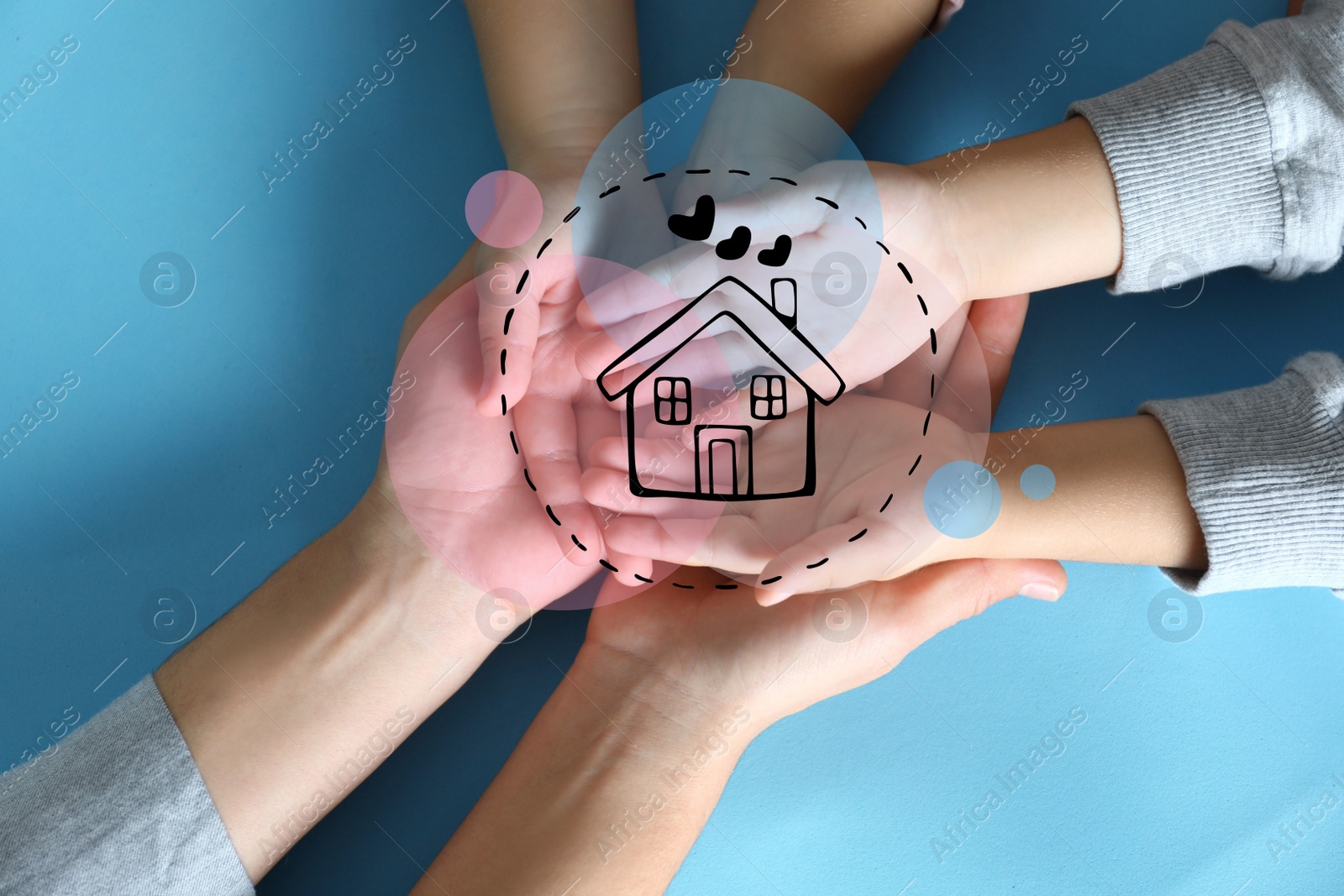 Image of Illustration of house and happy family holding hands on blue background, top view