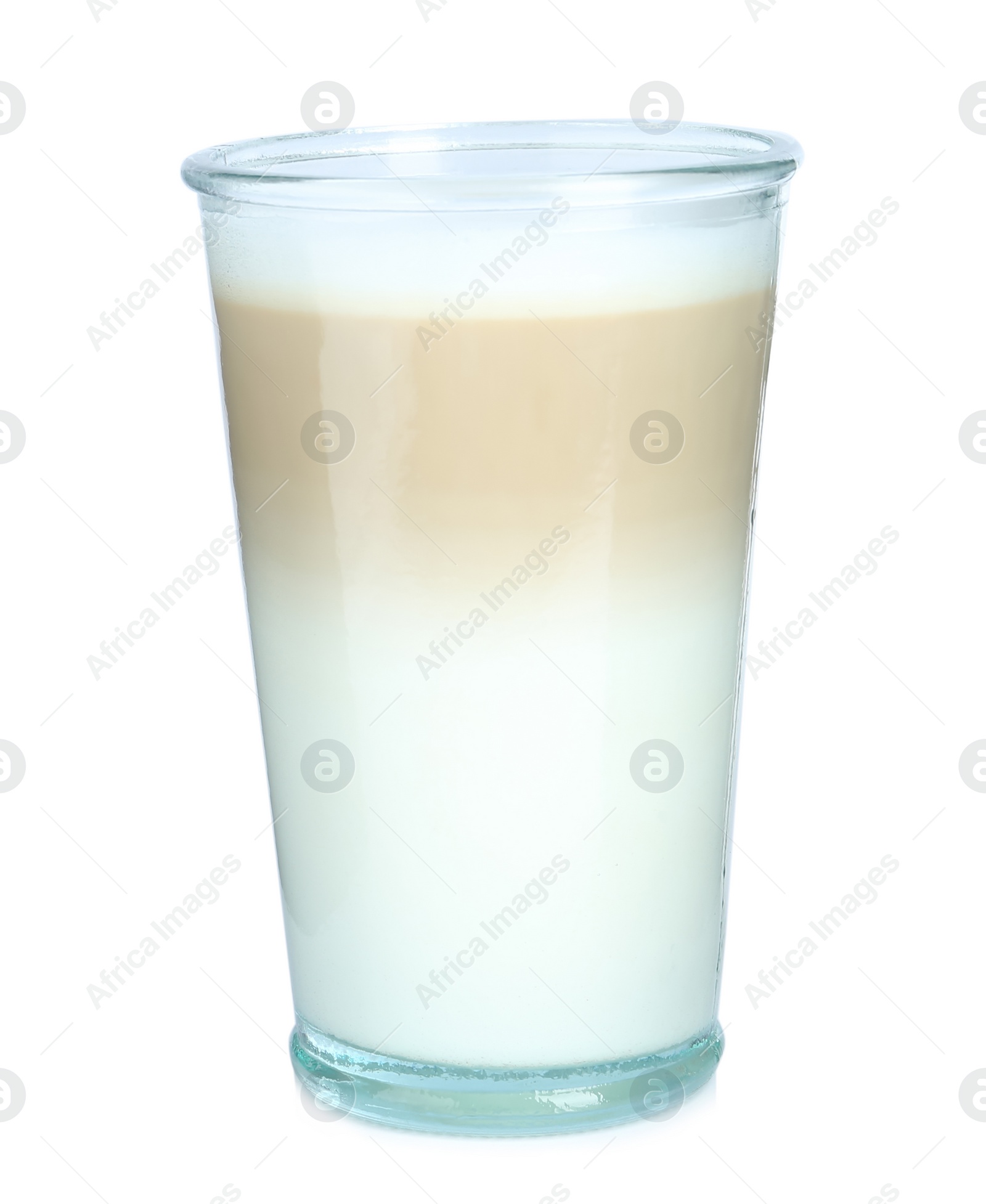 Photo of Glass of delicious latte macchiato isolated on white