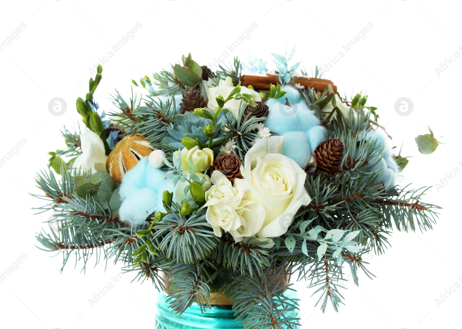 Photo of Beautiful wedding winter bouquet on white background