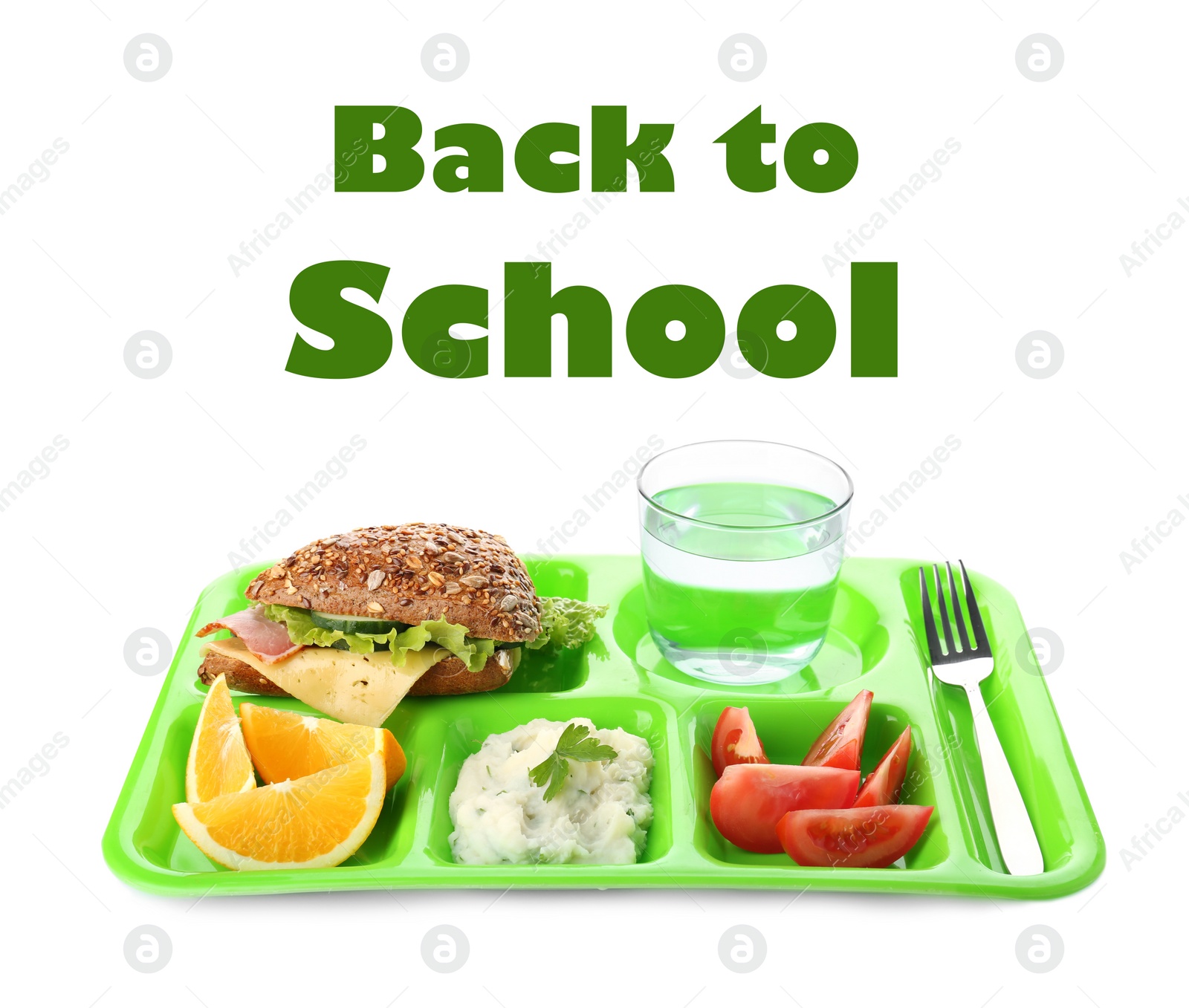 Image of Serving tray with healthy food on white background. School lunch