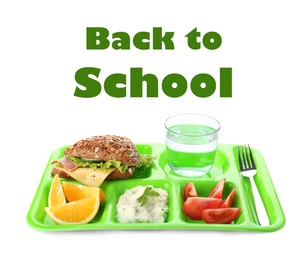Image of Serving tray with healthy food on white background. School lunch