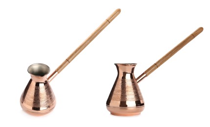 Beautiful copper turkish coffee pots on white background, collage 