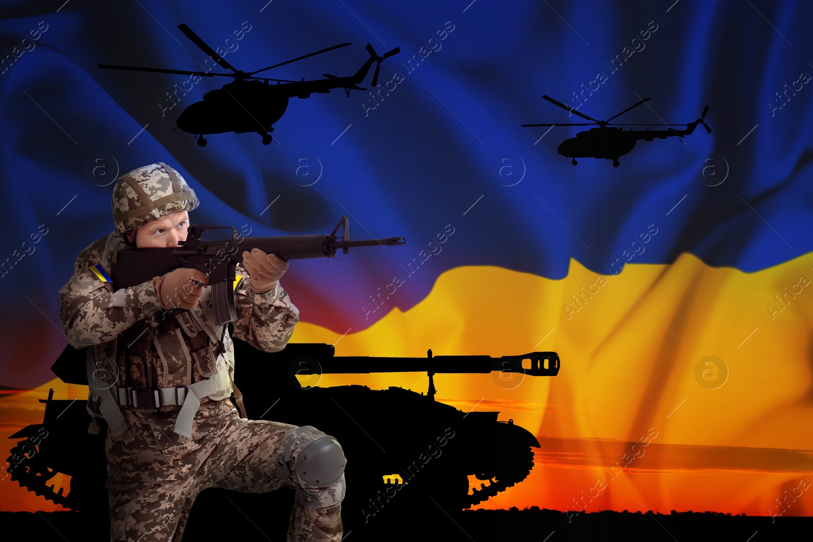 Image of Stop war in Ukraine. Defender and silhouettes of military machinery outdoors. Double exposure of Ukrainian flag and sky