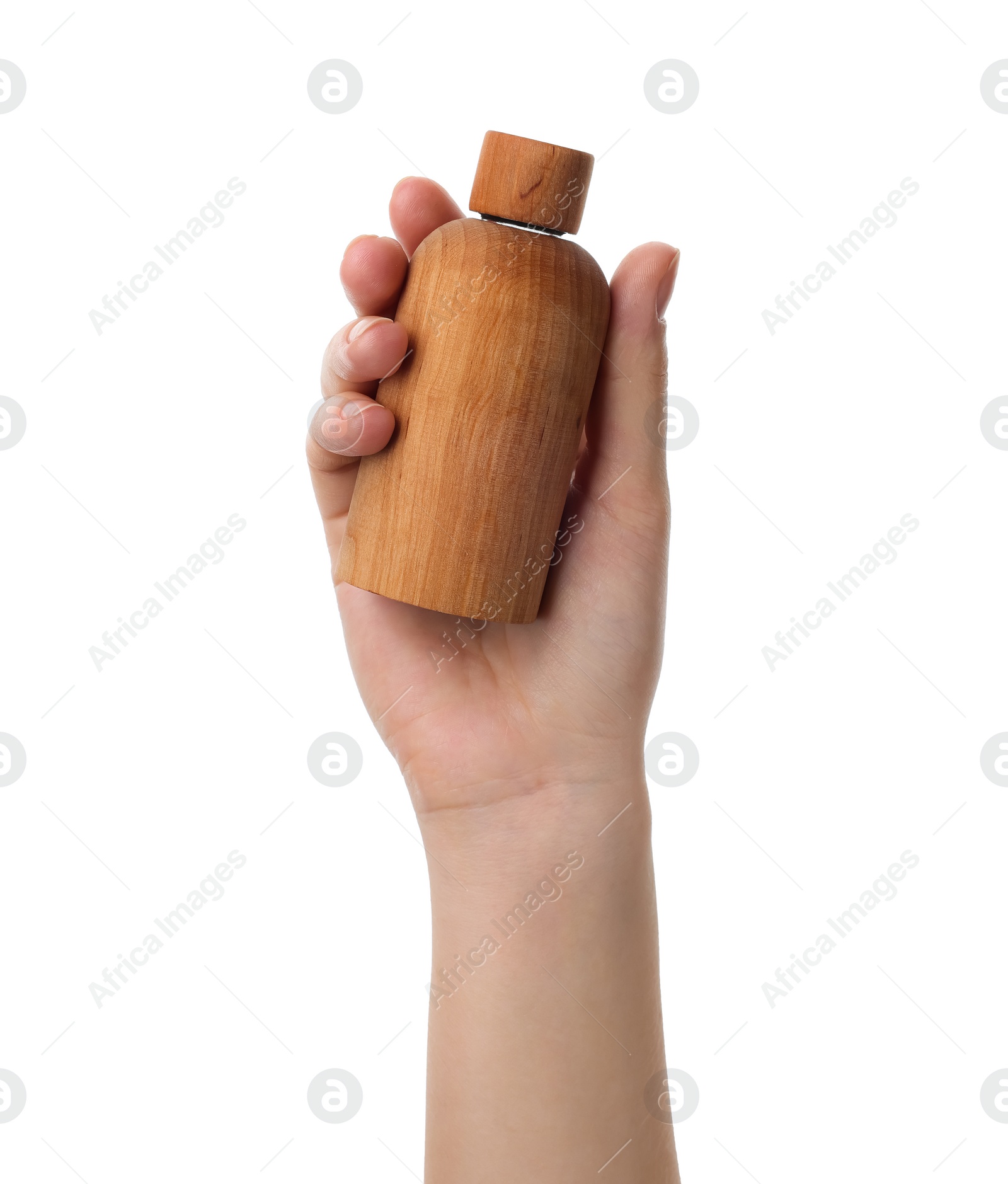 Photo of Woman holding wooden bottle isolated on white, closeup