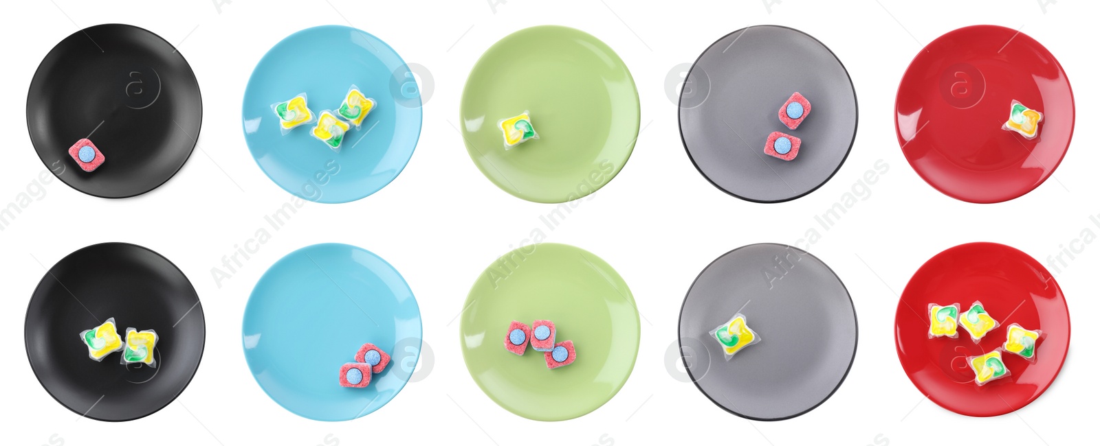 Image of Clean plates with dishwasher detergent tablets and gel capsules on white background, top view. Collage