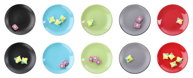 Image of Clean plates with dishwasher detergent tablets and gel capsules on white background, top view. Collage