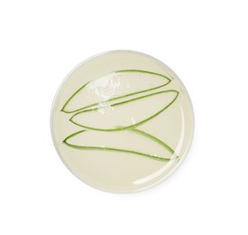 Photo of Tasty aloe juice and cut fresh leaves in glass isolated on white, top view