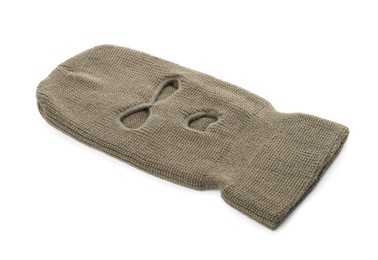 Photo of Beige knitted balaclava isolated on white. Cloth headwear