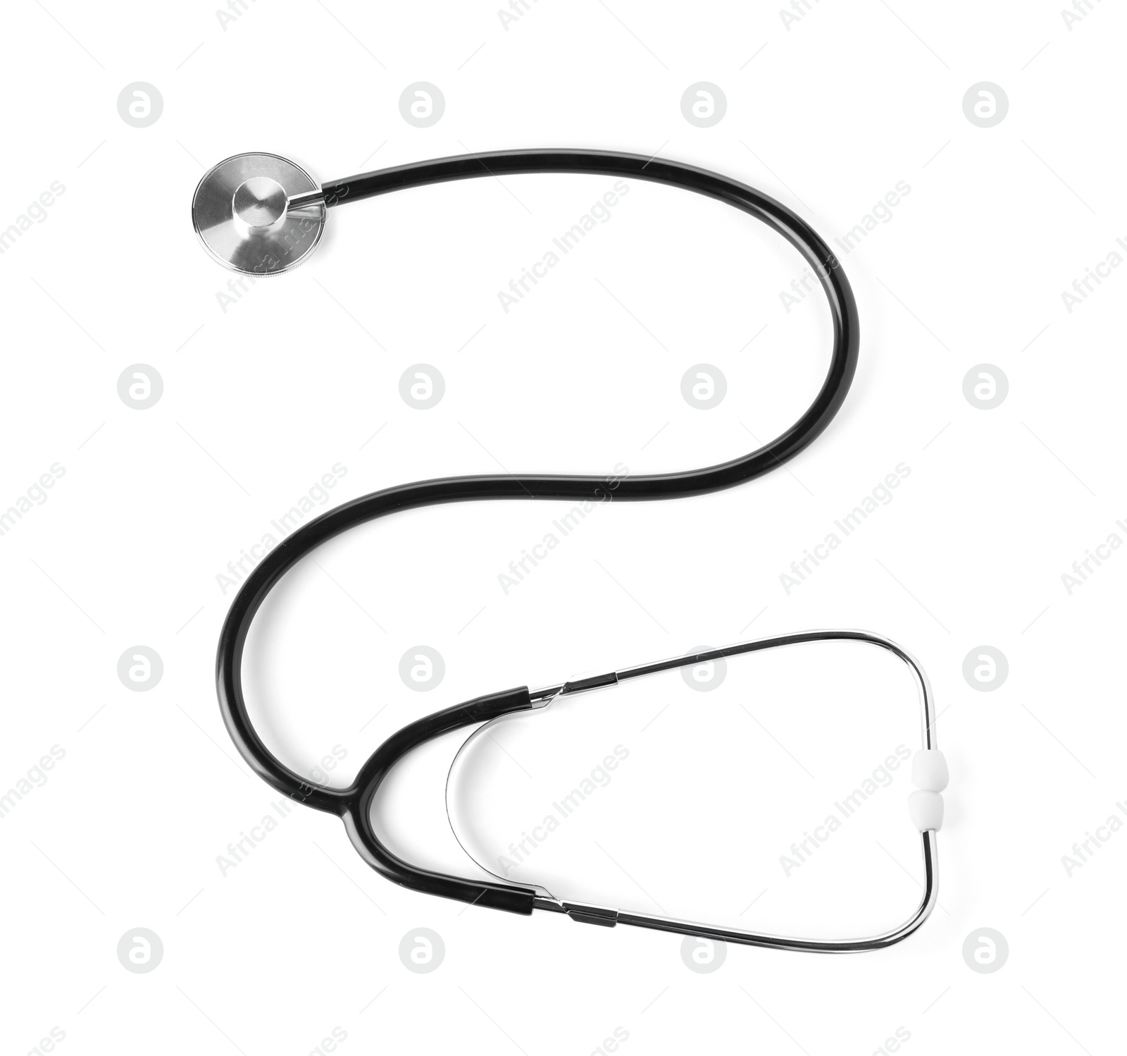 Photo of Stethoscope on white background, top view. Medical device