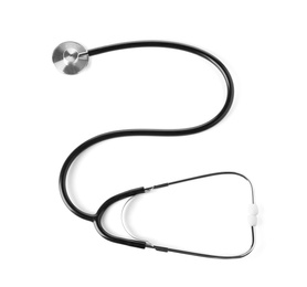 Photo of Stethoscope on white background, top view. Medical device