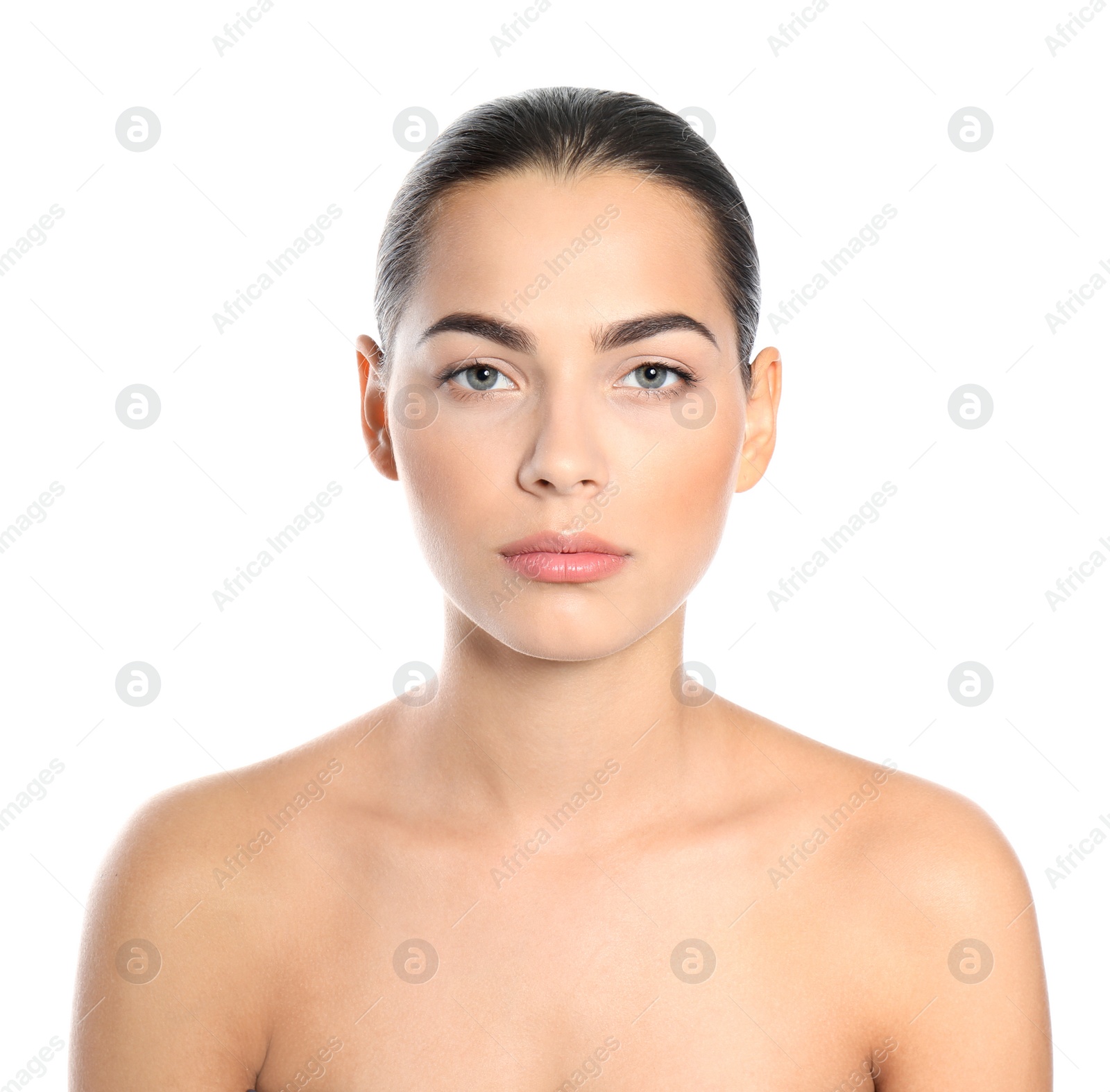 Photo of Portrait of beautiful young woman on white background. Lips contouring, skin care and cosmetic surgery concept