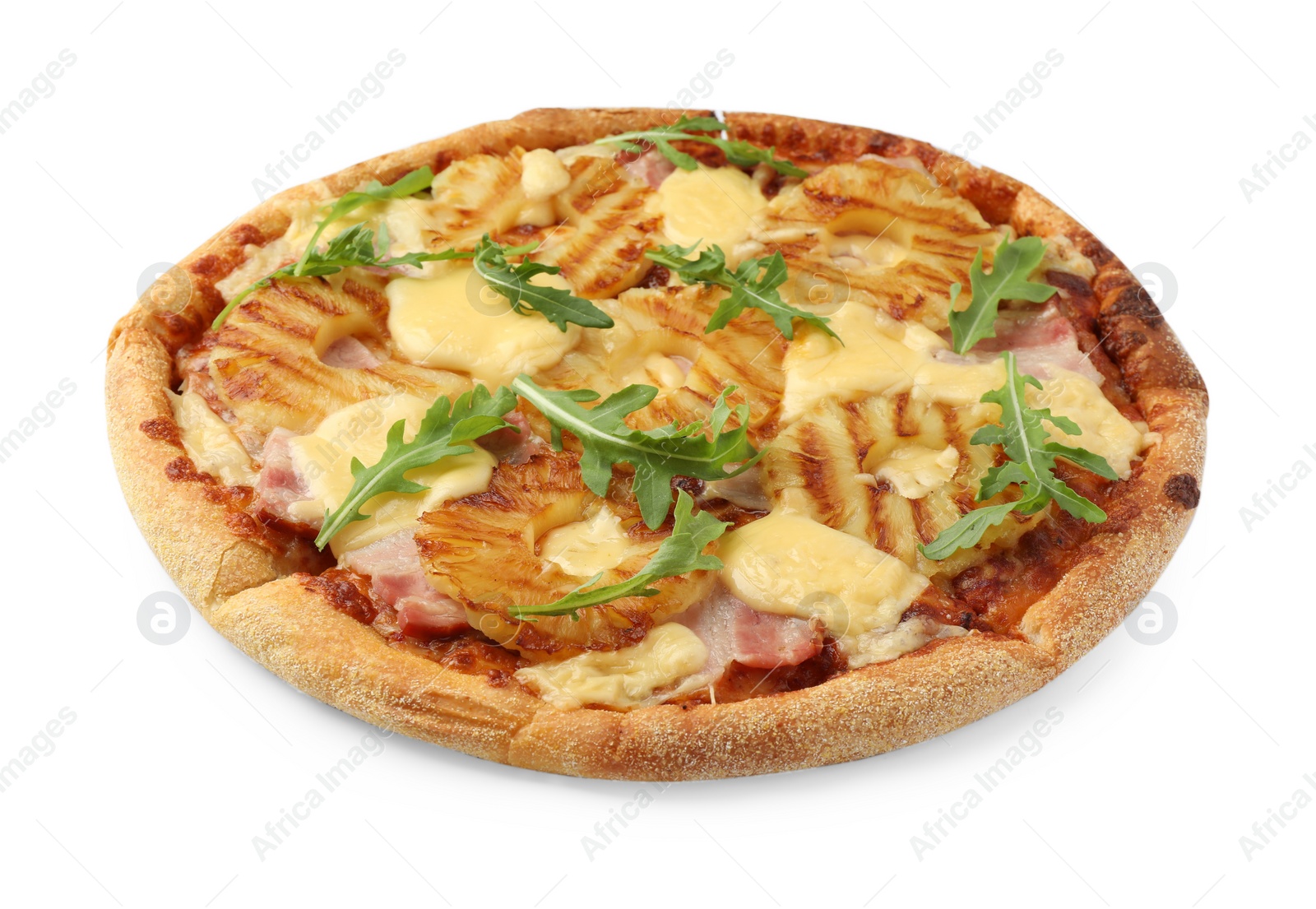 Photo of Delicious pineapple pizza with arugula isolated on white