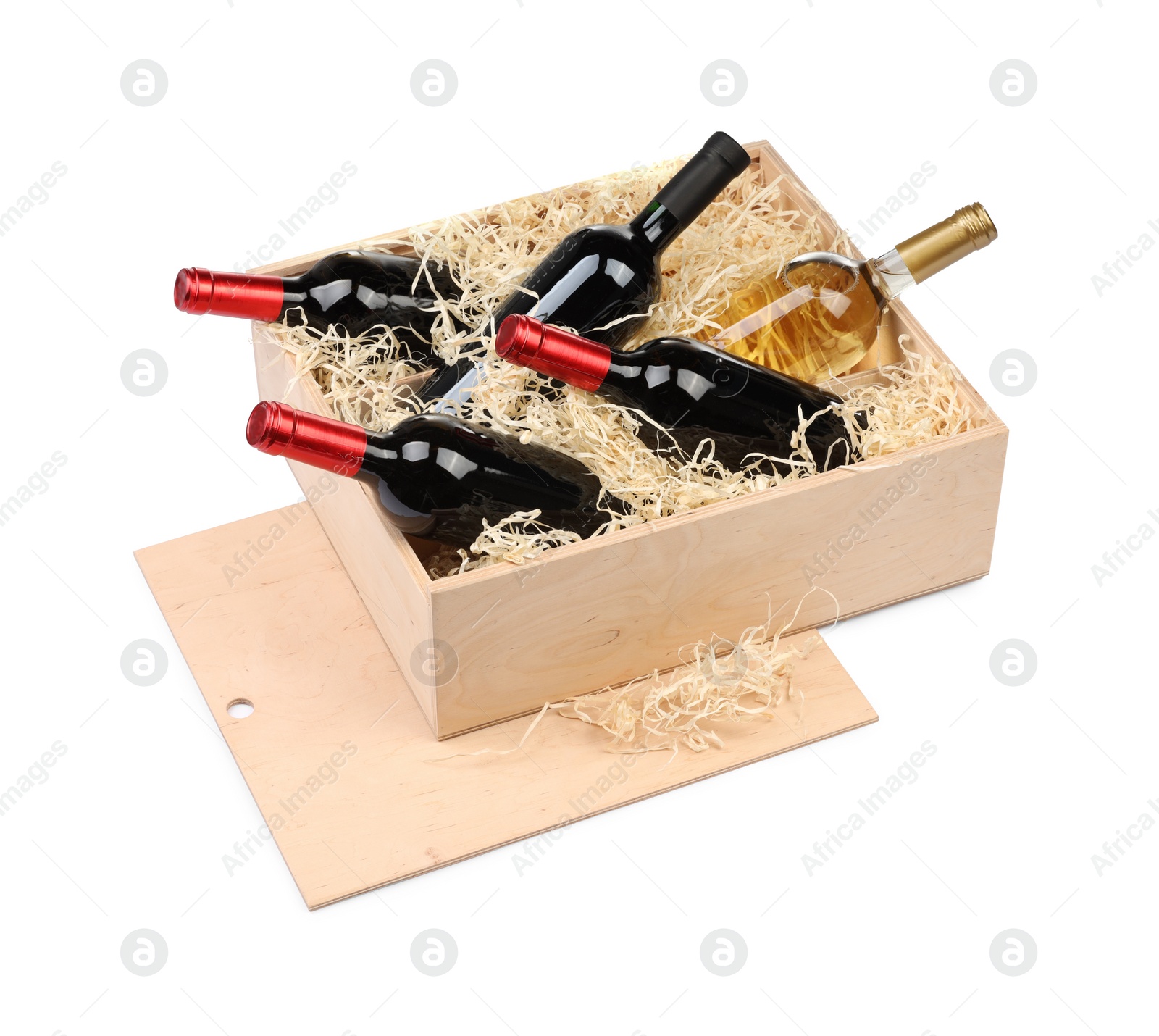 Photo of Wooden gift box with wine bottles isolated on white