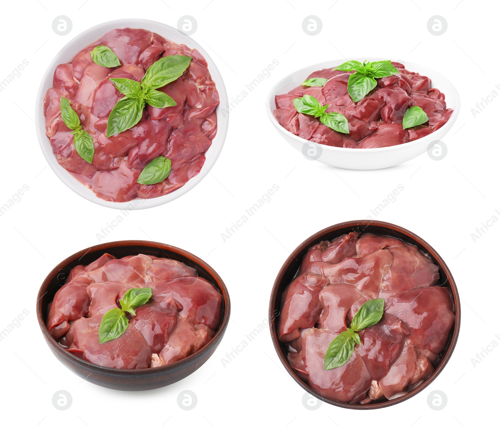 Image of Fresh chicken liver in bowls isolated on white, collection. Top and side views