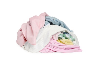 Photo of Pile of colorful clothes isolated on white