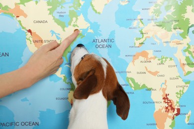 Photo of Woman with dog pointing at location on world map, closeup. Travel with pet concept