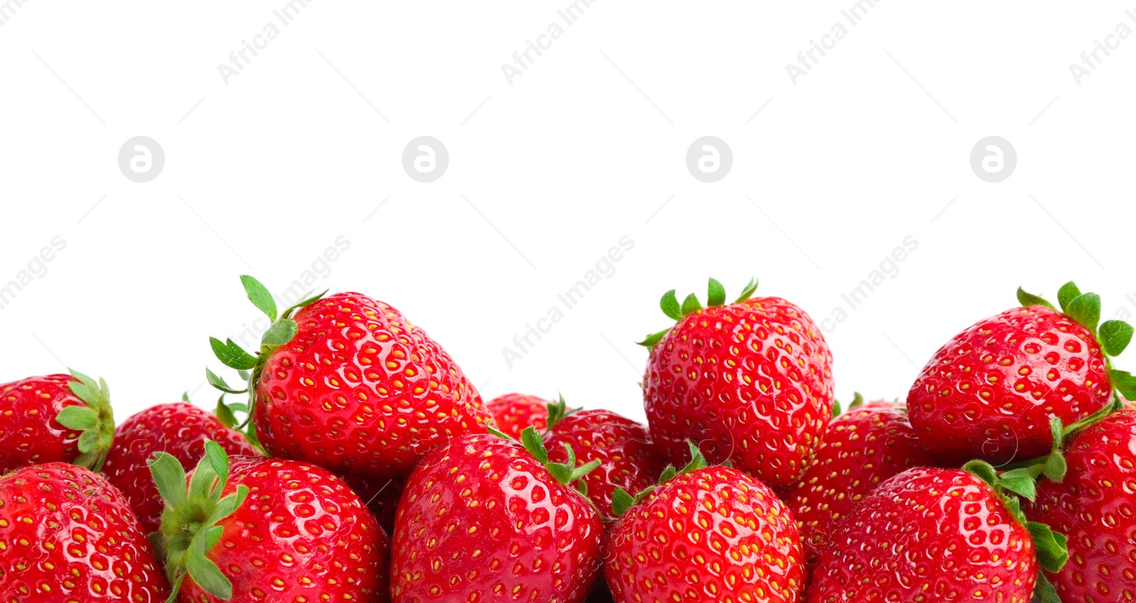 Photo of Pile of delicious fresh red strawberries on white background