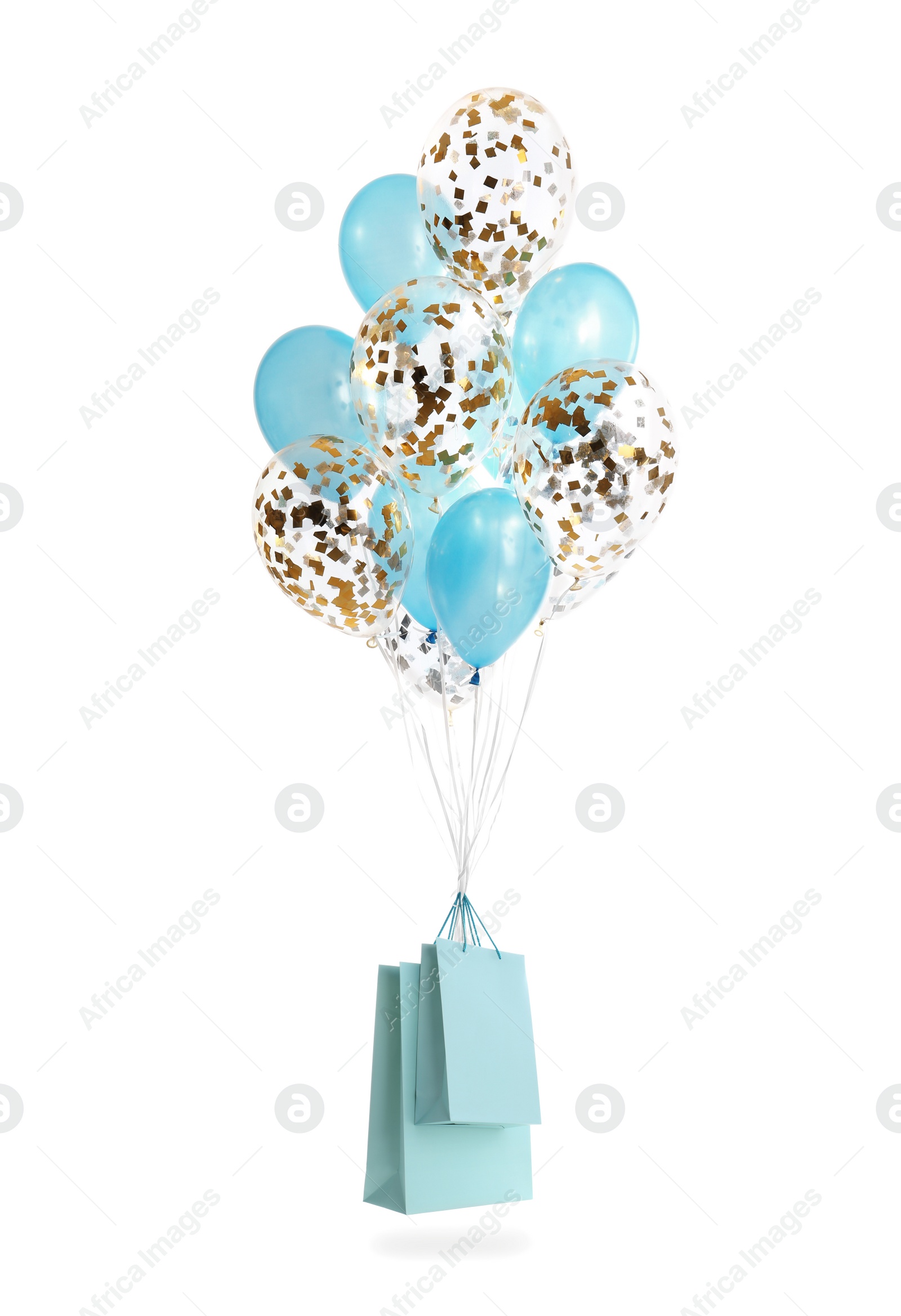 Image of Bunch of color balloons and light blue paper bags on white background