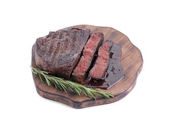 Photo of Delicious grilled beef meat and rosemary isolated on white