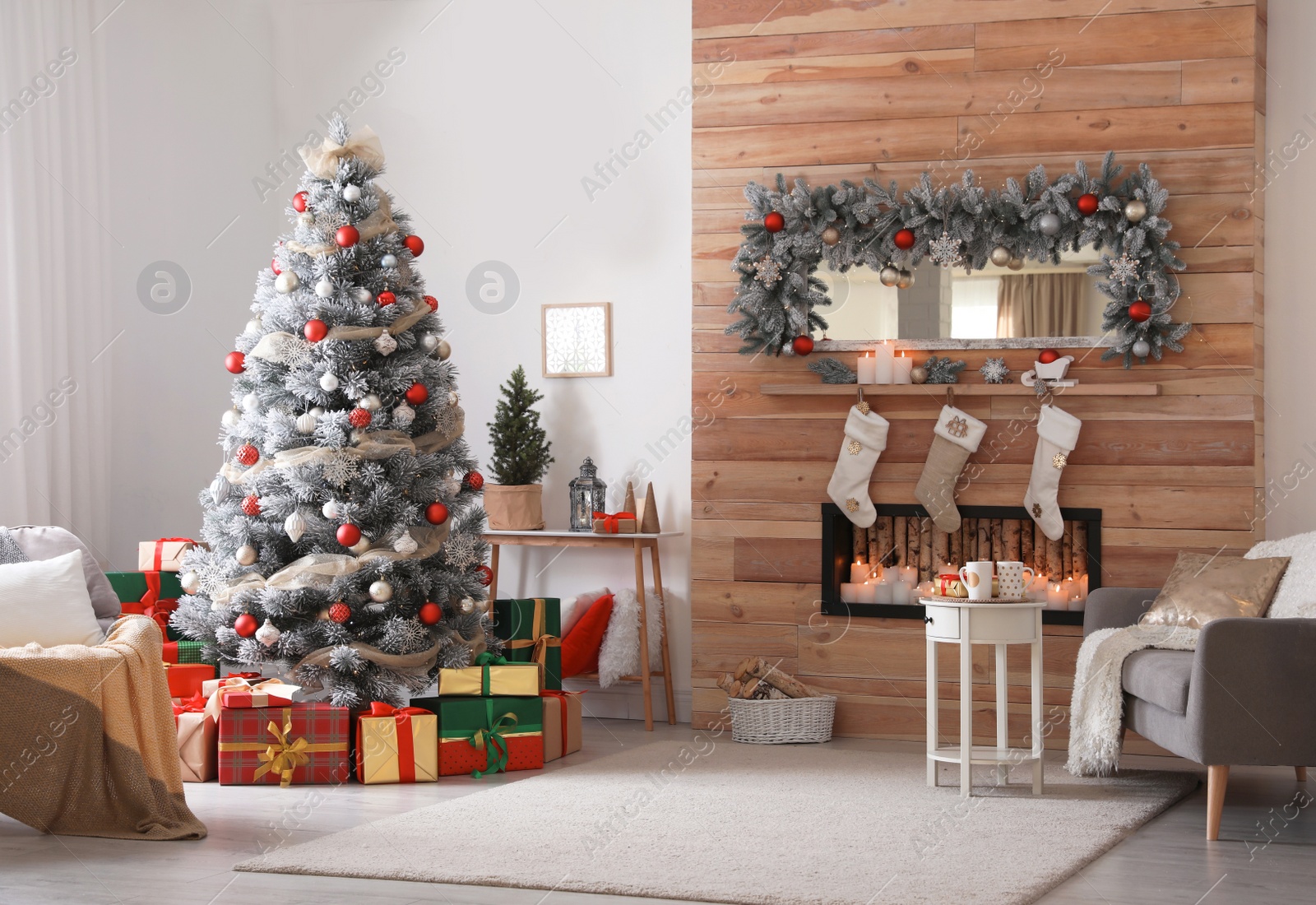 Photo of Beautiful interior of living room with decorated Christmas tree