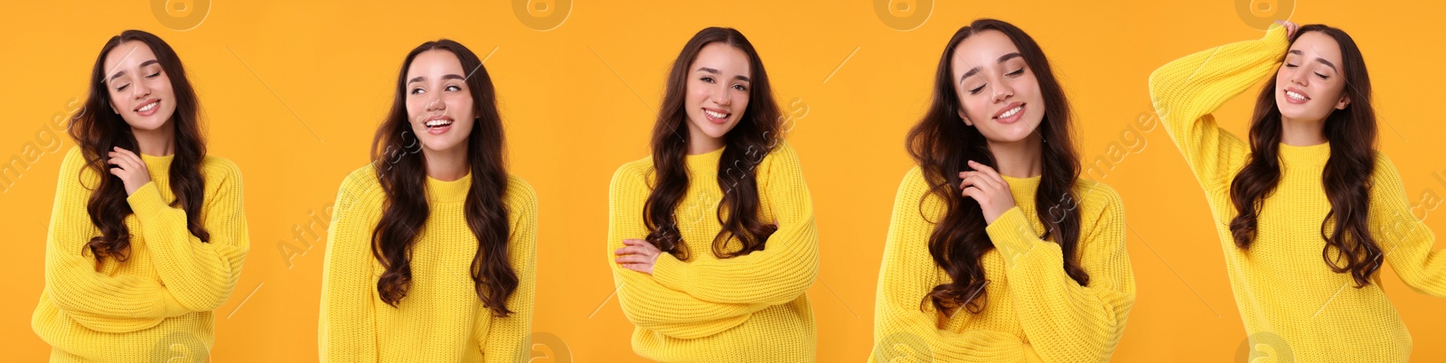 Image of Happy woman in yellow sweater on orange background, set of photos