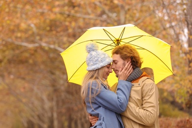 Photo of Romantic couple with umbrella in park on autumn day