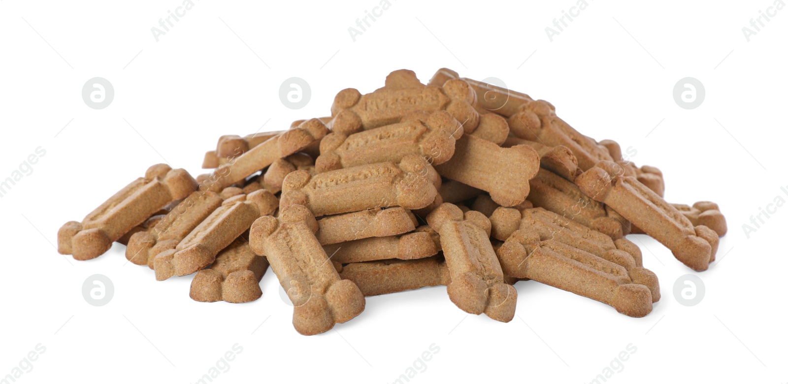 Photo of Bone shaped dog cookies on white background