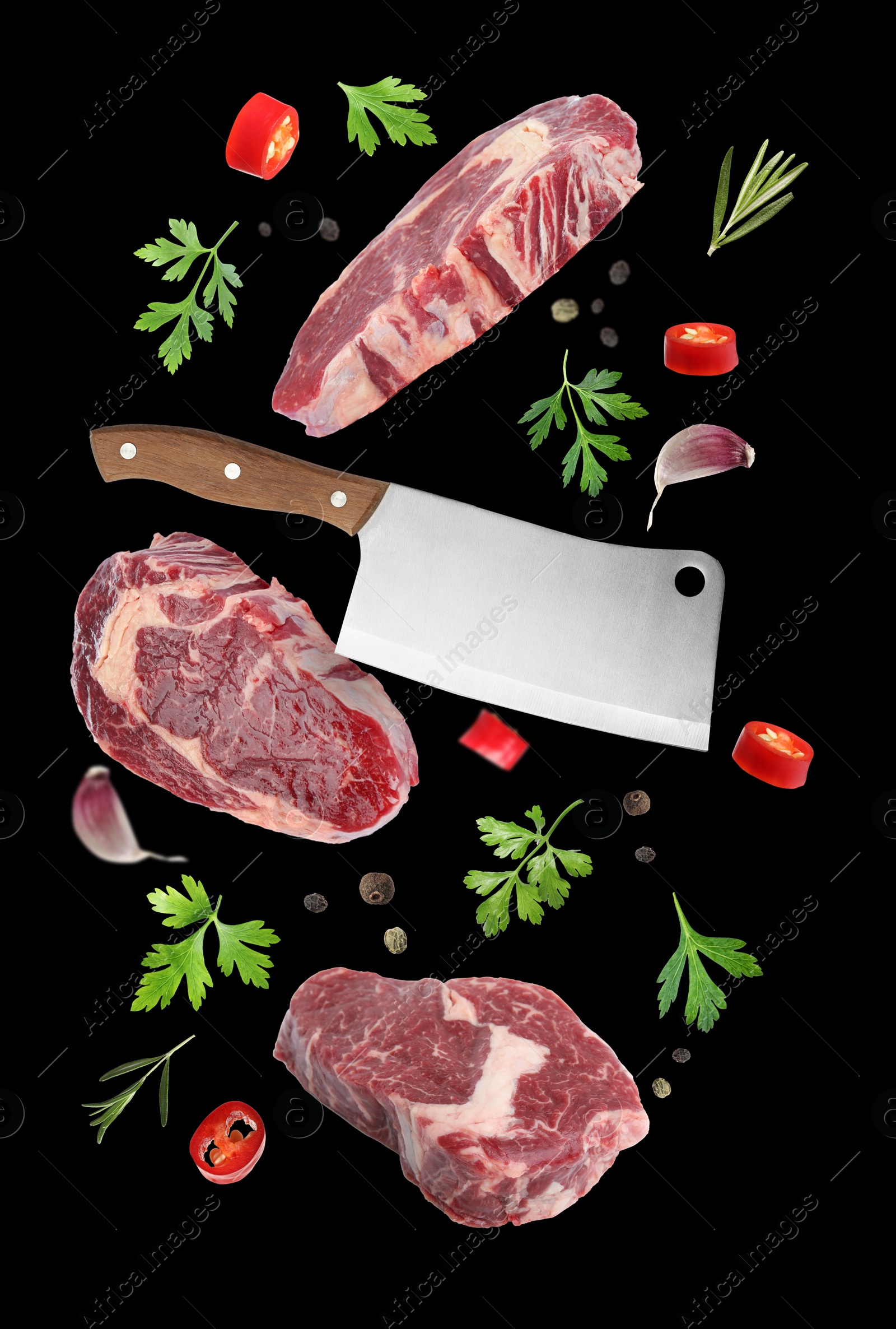 Image of Beef meat, different spices and cleaver knife falling on black background
